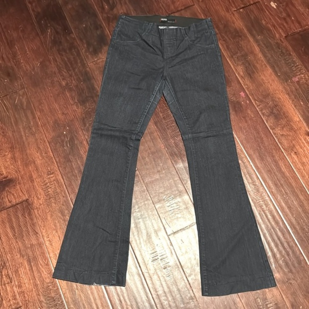 BDG flare jeans dark denim pull on style has stretch back pockets knee seam